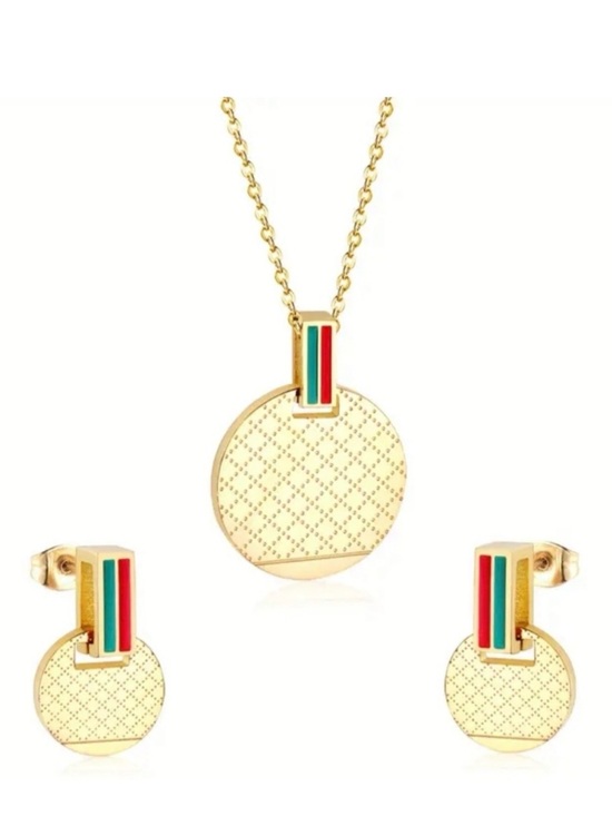 Source Unknown Jewelry - Gold-Tone Medallion Necklace & Earring Set with Red and Green Stripes